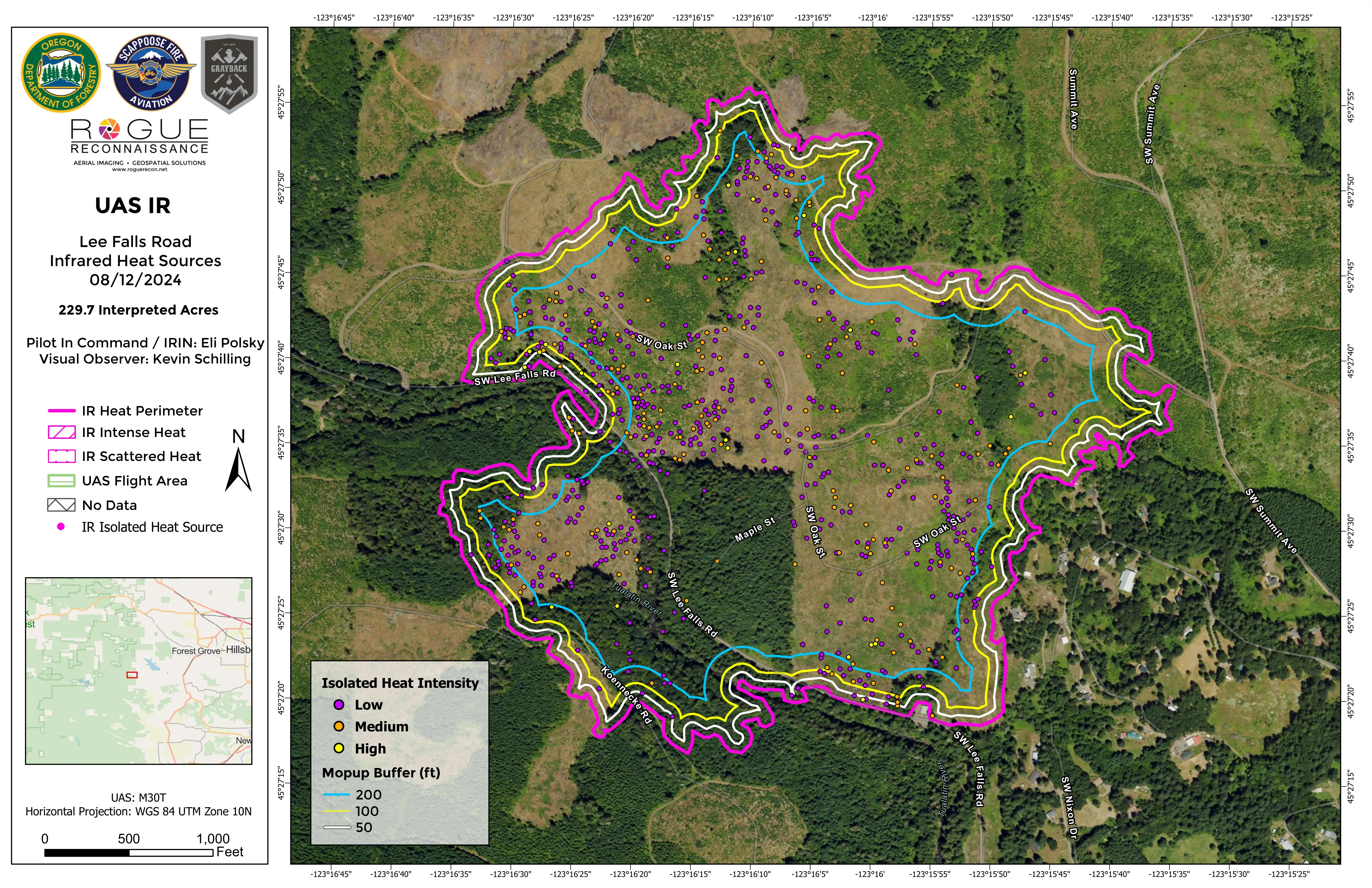Lee Falls Road heat intensity orthomap deliverable, August 12, 2024. Standardized 11x17 portrait template with perimeter, heat polygons, and operator branding ready for the incident team.