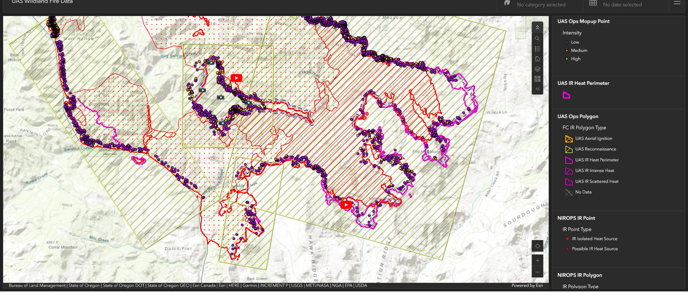 UAS Wildland Fire Data dashboard showing a fire perimeter mapped from thermal drone imagery, with heat polygons, NIROPS heat sources, and a full legend of UAS Ops layer types.