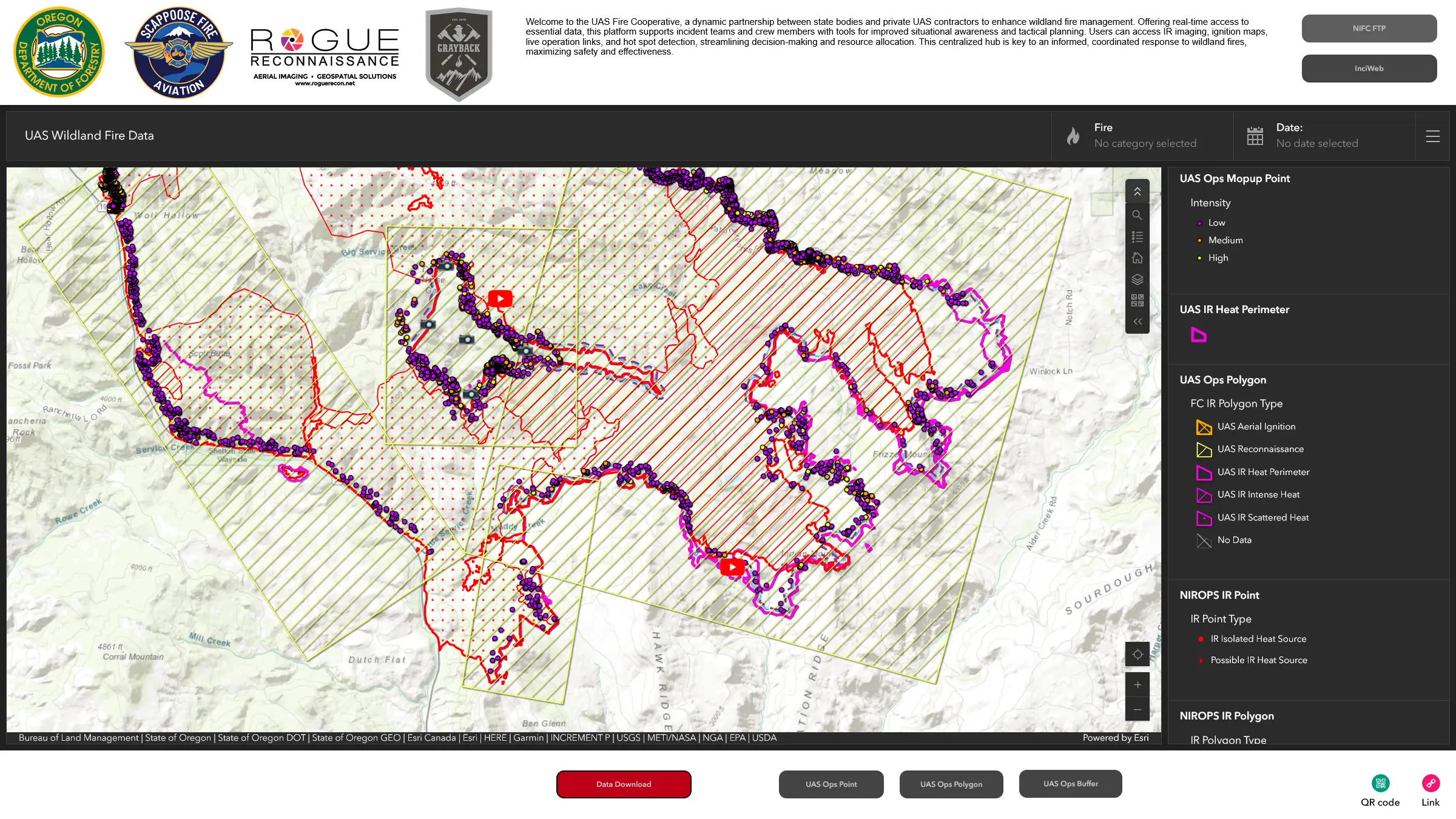 Live web map view of the UAS Wildland Fire data platform showing perimeters and IR heat sources.