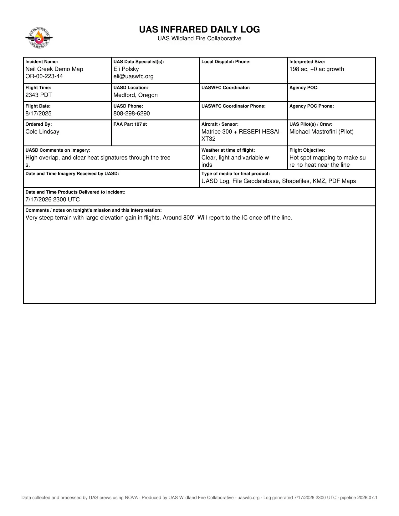 Example UAS infrared daily log deliverable.