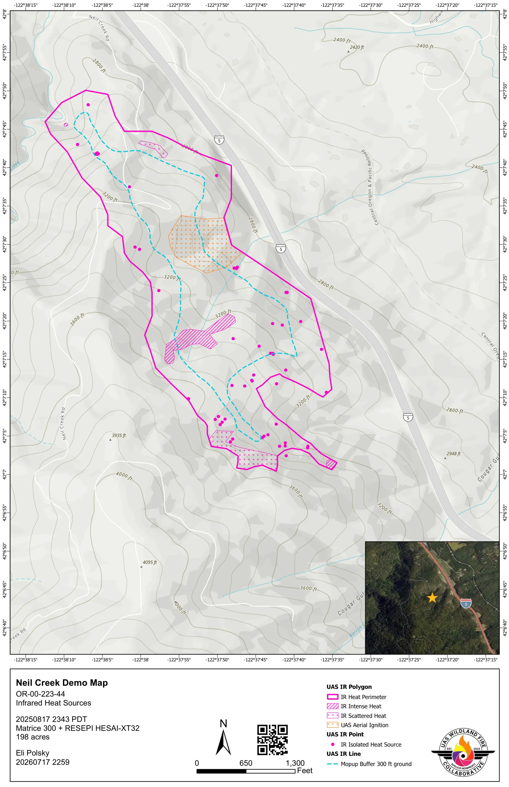 Example topographic infrared map deliverable, 11 by 17, showing heat perimeter and hotspots over contours.