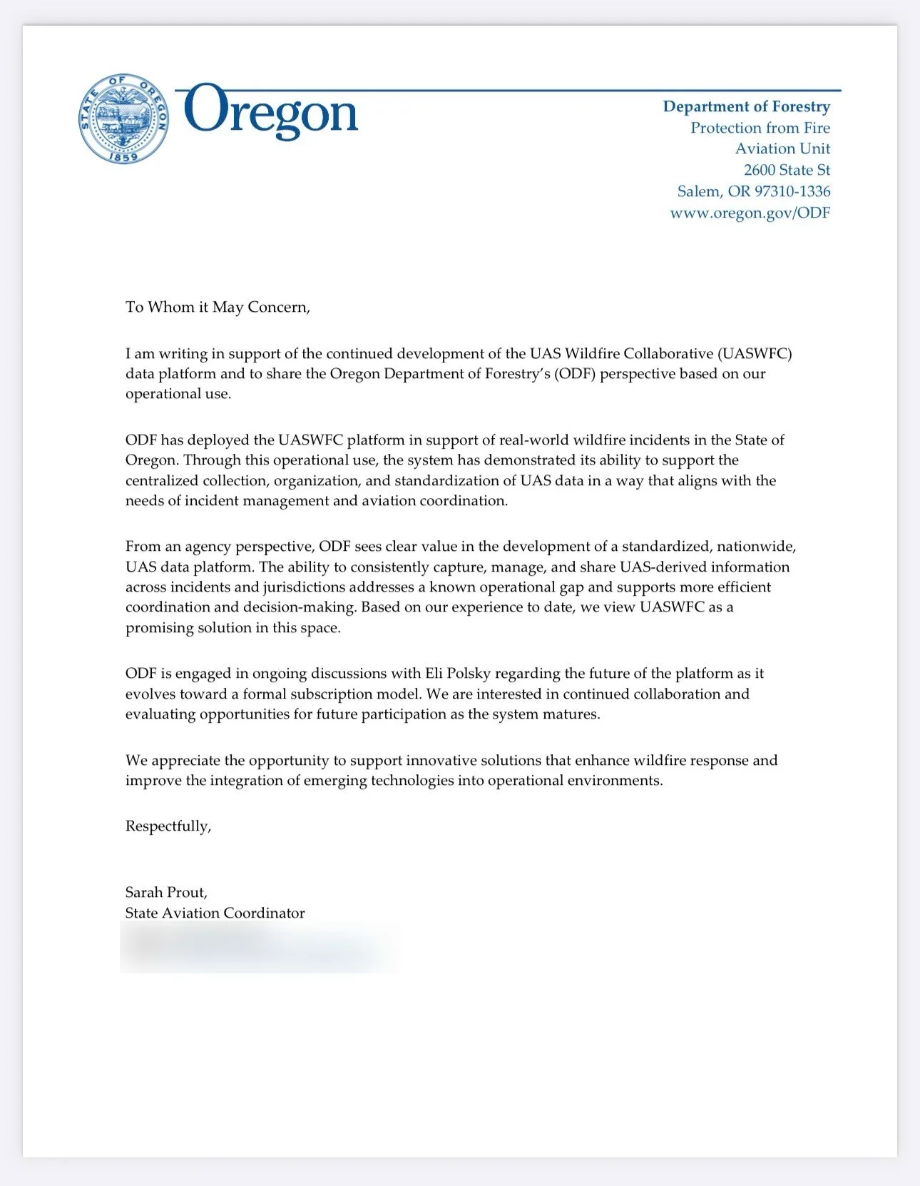 Letter of support for the UAS Wildland Fire Collaborative from the Oregon Department of Forestry, signed by State Aviation Coordinator Sarah Prout.
